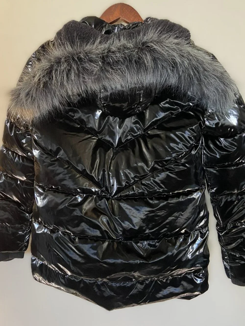 JUSTICE shiny puff winter coat detachable fur trim size 16 tweens black